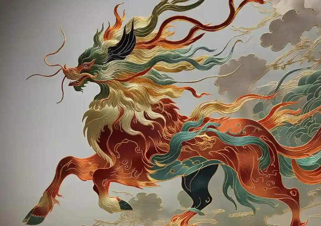 Vibrant Qilin mythical creature in Chinese culture, symbolizing prosperity and wisdom - Traditional red, gold, and blue artwork with cloud motifs on gray background.