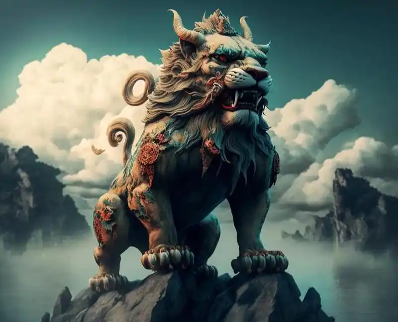 An image of a majestic Pixiu, a mythical creature from Chinese mythology, standing powerfully on a rock. Adorned with intricate patterns, it’s set against a backdrop of misty mountains and clouds, symbolizing protection and prosperity.