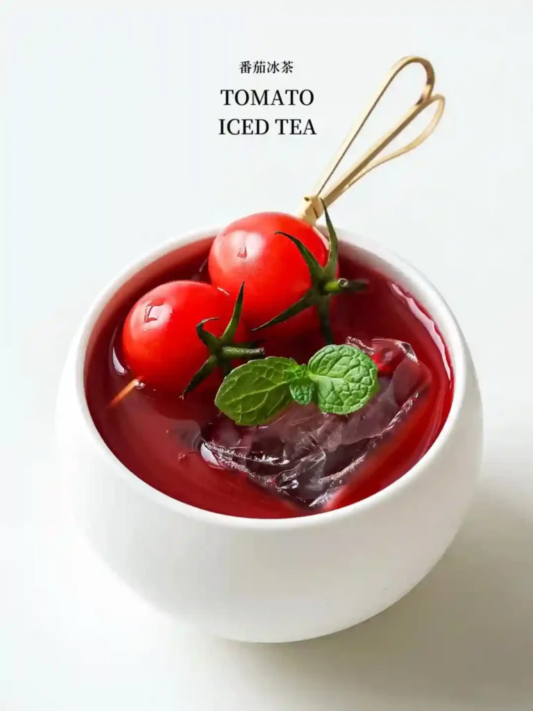 Tomato iced tea with cherry tomatoes and mint leaves, served in a white cup.